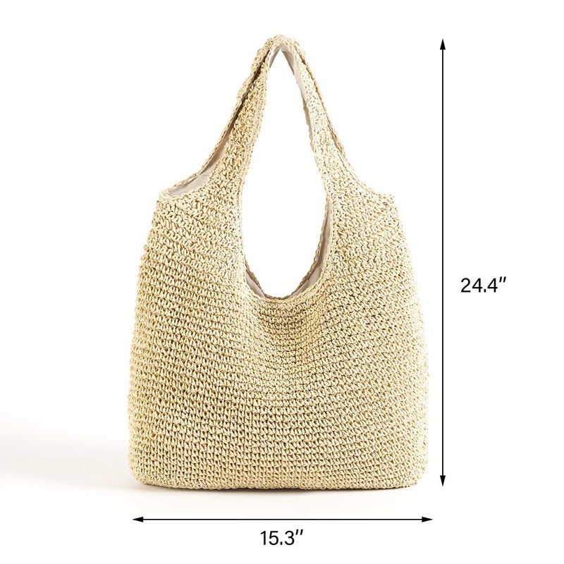 QTKJ Hand-woven Soft Large Straw Shoulder Bag Boho Straw Handle Tote Retro Summer Beach Bag Rattan Handbag (Beige) - Image 2
